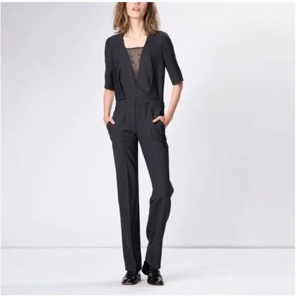 Maje Kaaris Jumpsuit One Piece Romper Deep V Lace Trim Pockets Black Size 38 - Picture 1 of 9